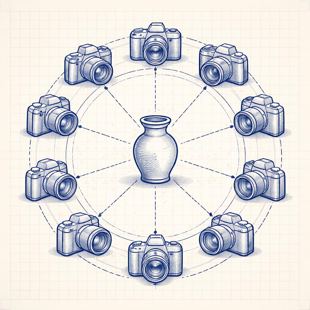 A technical diagram showing the 10-photo circular capture pattern for product photogrammetry. The 10-Photo Orbit Pattern