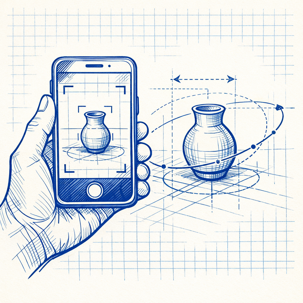 A technical illustration of a hand holding a phone, capturing a small ceramic vase with a dotted orbit path.