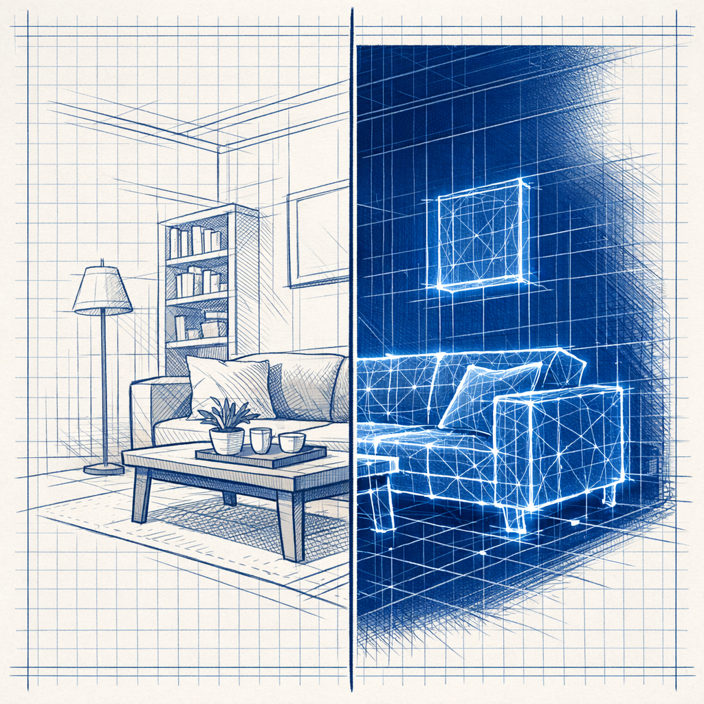 Technical illustration showing a split view: a flat 2D photo on one side and a glowing 3D mesh being reconstructed on the other.