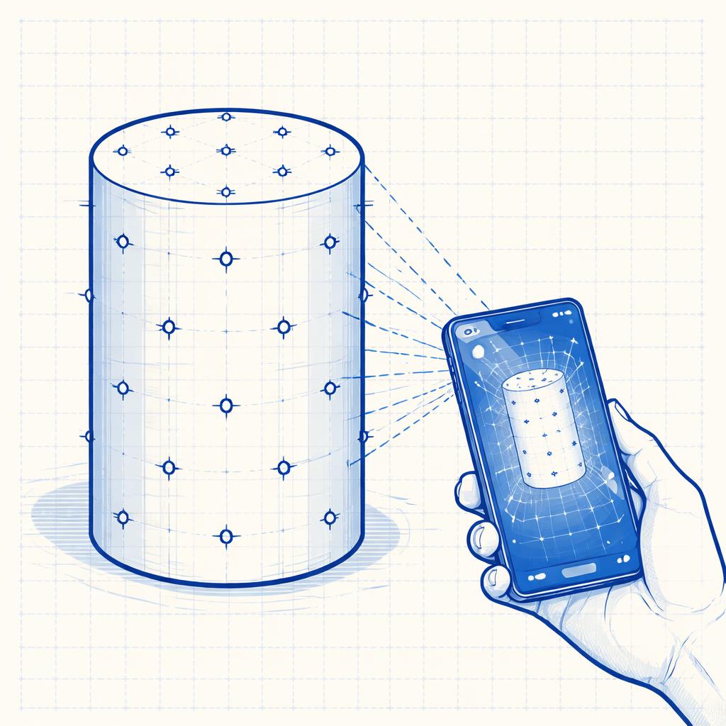 Technical illustration of a cylinder with tracking dots